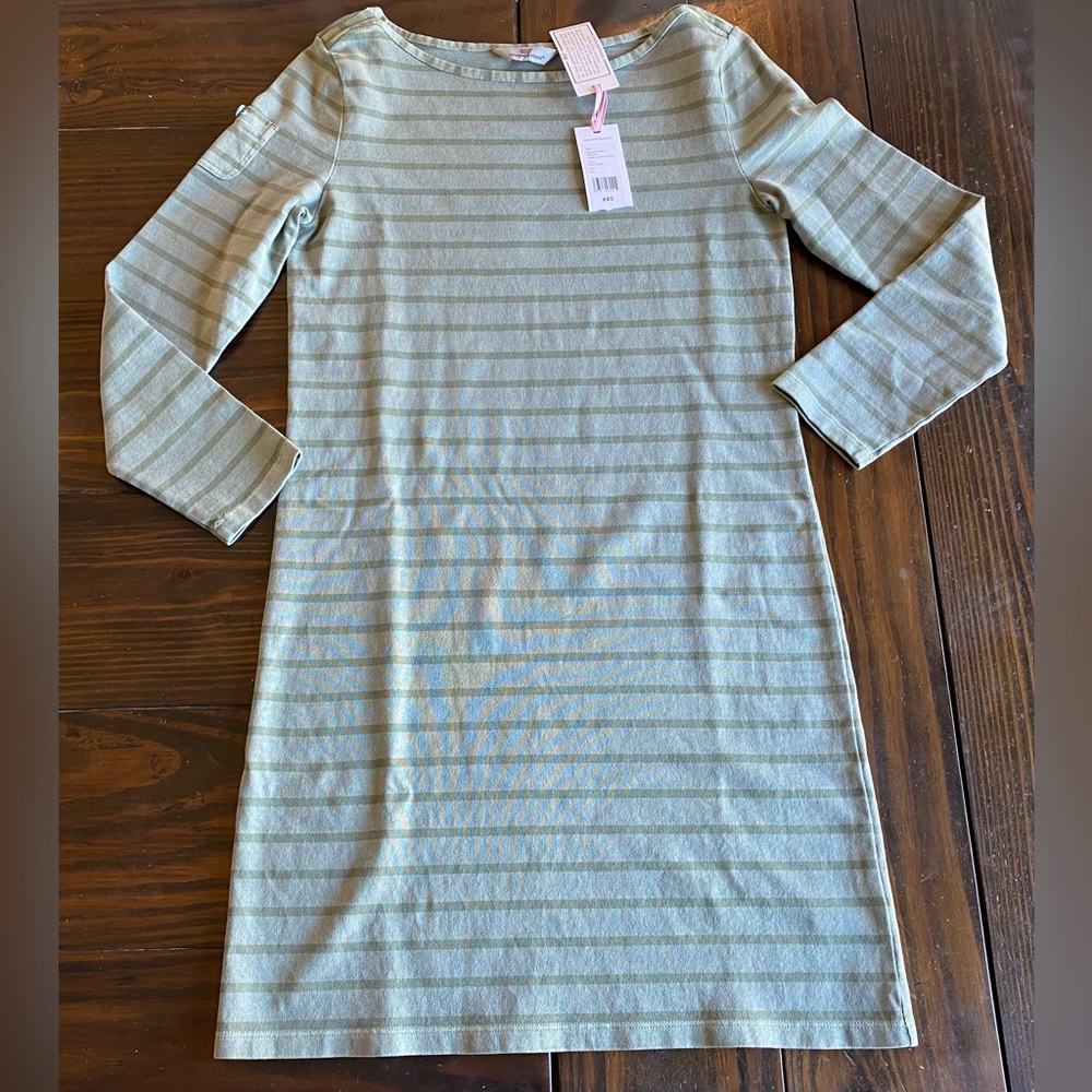 VINEYARD VINES Green Striped 3/4 Sleeve Shift Dress XXS 100% Cotton NWT